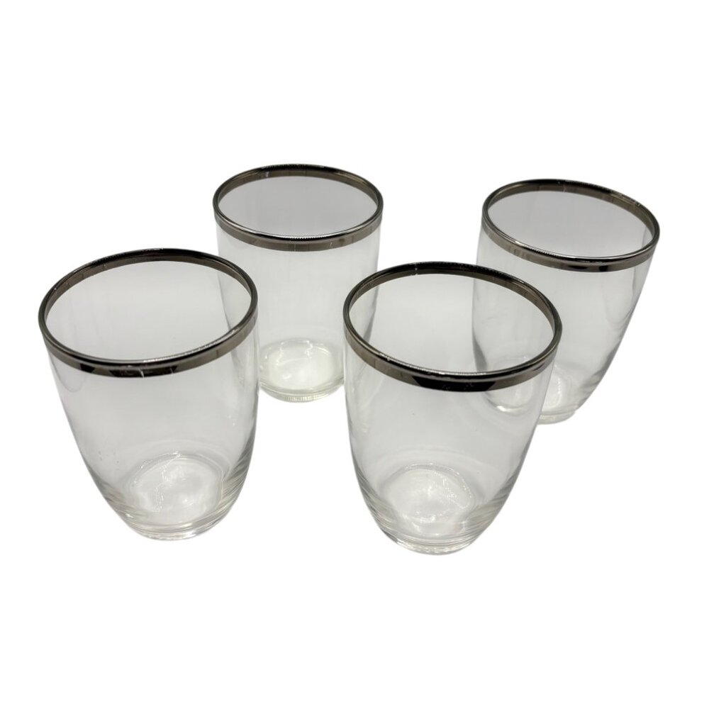 Set Of 4 Vintage MCM Clear Glass Tumblers With Silver Rim 3" Wide